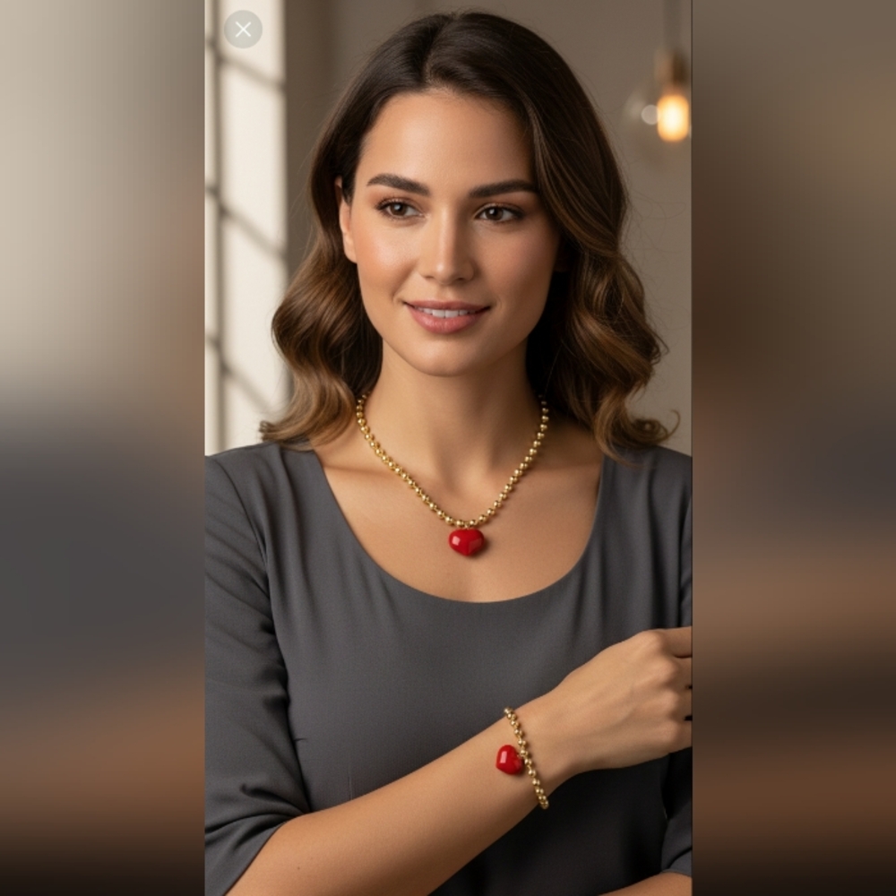 Gold and Red Beaded Necklace and Bracelet Set.
